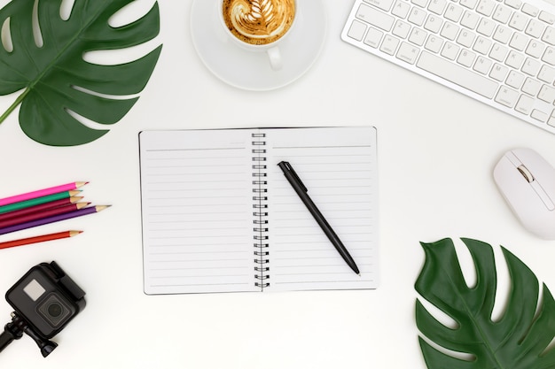 Creative flat lay photo of modern workplace with laptop