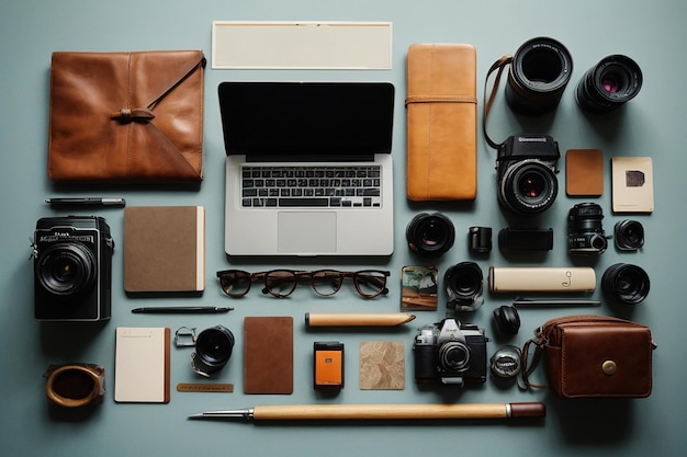 Creative flat lay photo of workspace desk