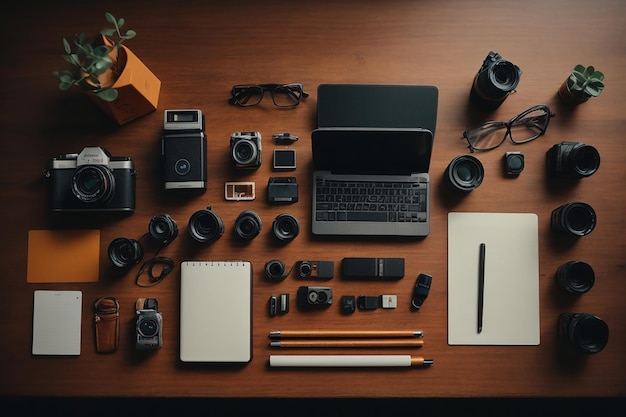 Creative flat lay photo of workspace desk