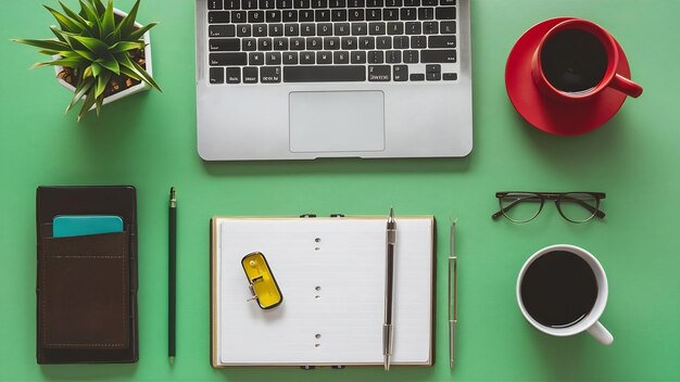 Creative flat lay photo of workspace desk