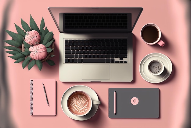 Creative flat lay of a tabletop in pink and grey with a laptop coffee and stationery