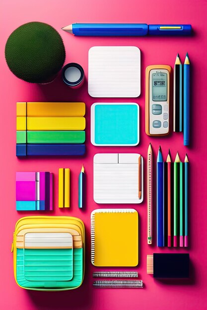 Photo creative flat lay with school supplies around coy space top view
