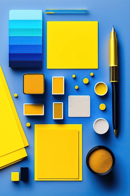 Creative flat lay with yellow supplies on blue background