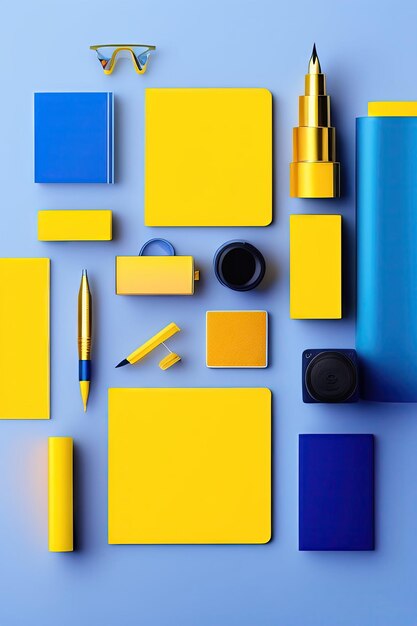 Creative flat lay with yellow supplies on blue background