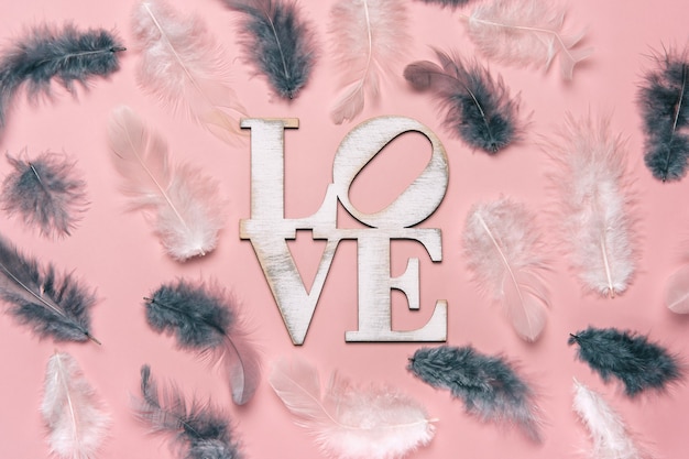 Creative flat lay of word love on soft color  background with natural feather.