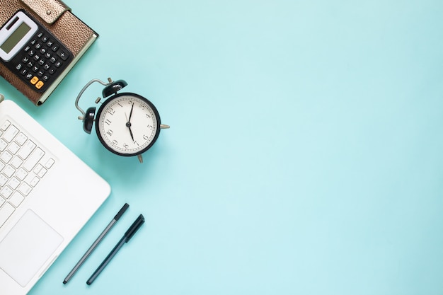 Creative flat lay of workspace desk with laptop