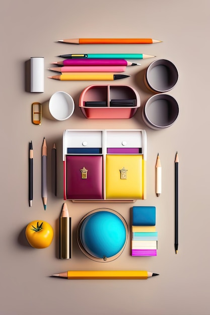 Creative flat lay of young student desk Back to school concept View from above