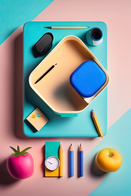 Creative flat lay of young student desk Back to school concept View from above