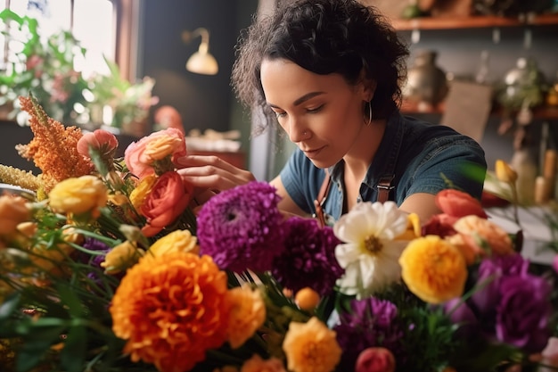 Креативный флорист готовит и украшает букет в цветочном магазине