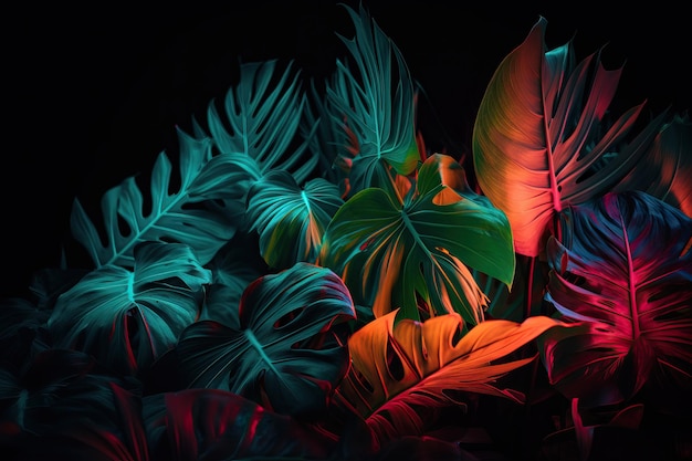 Creative fluorescent color layout made of tropical leaves Flat lay neon colors AI generated