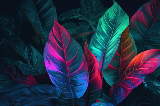 Creative fluorescent color layout made of tropical leaves Flat lay neon colors AI generated