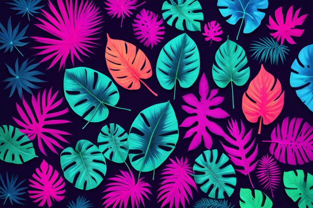 Photo creative fluorescent color layout made of tropical leaves flat lay neon colors nature concept