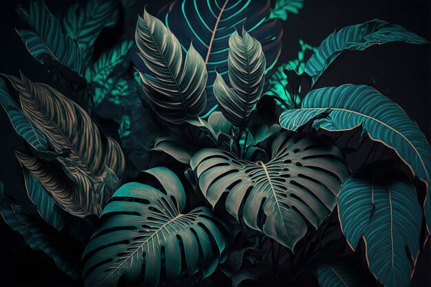 Creative fluorescent color layout made of tropical leaves Flat lay neon colors Nature concept