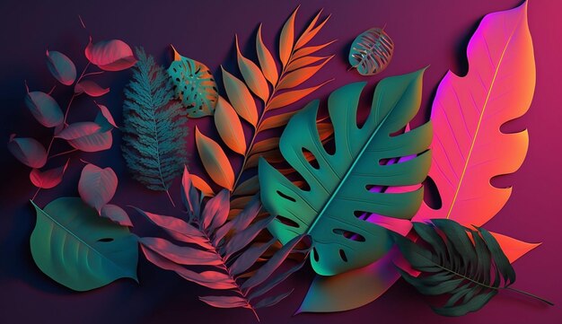 Creative fluorescent color layout made of tropical leaves Flat lay neon colors Nature concept