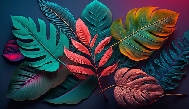 Creative fluorescent color layout made of tropical leaves Flat lay neon colors Nature concept