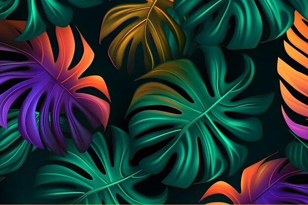 Creative fluorescent color layout made of tropical leaves Glowing neon color Nature concept