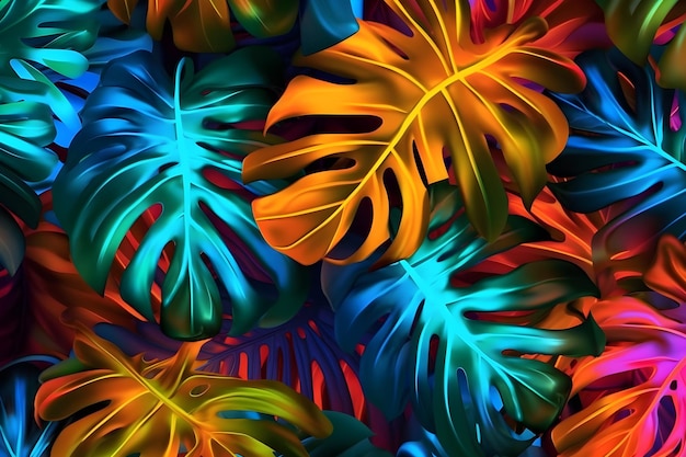熱帯の葉で作られたクリエイティブな光色レイアウト 輝くネオン色 自然コンセプト