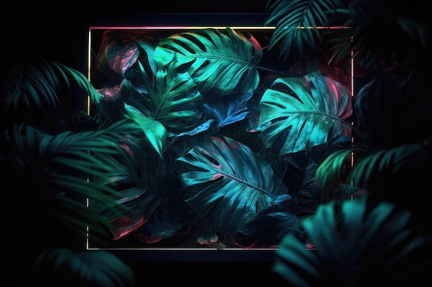 Creative fluorescent color layout made of tropical leaves with neon light square AI generated