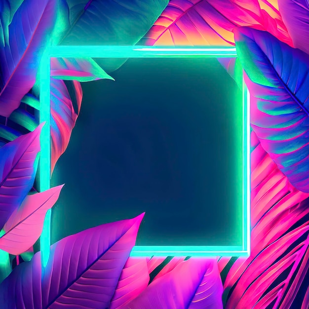 Creative fluorescent color layout made of tropical leaves with neon light square Flat lay Nature concept