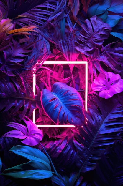 Photo creative fluorescent color layout made of tropical leaves with neon light square generative ai