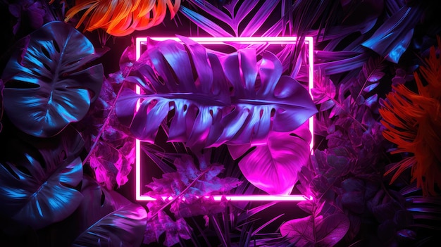 Creative fluorescent color layout made of tropical leaves with neon light square Generative AI