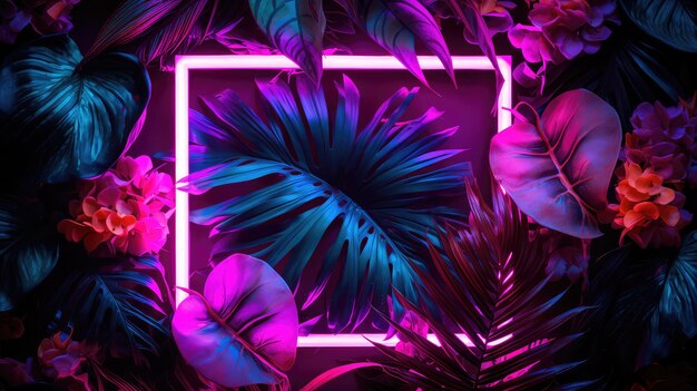 Creative fluorescent color layout made of tropical leaves with neon light square Generative AI