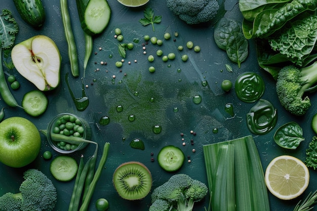 Creative food layout with green vegetables and fruits on green background