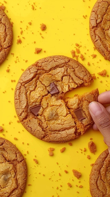 창의적인 골절 오버헤드 뷰는 노란색 배경을 깨는 달콤한 쿠키를 수직 모바일 Wa로 보여줍니다.