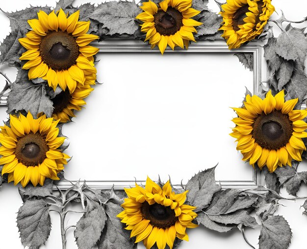 Photo creative frame decorated with sunflower flowers and leaves