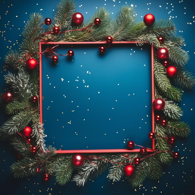 Creative frame made of Christmas fir branches gift boxes red decoration sparkles and confetti on