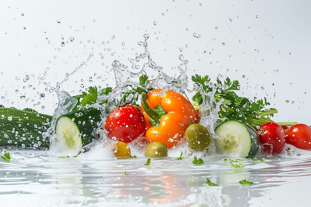 Photo creative fresh vegetables with water splashes on white background