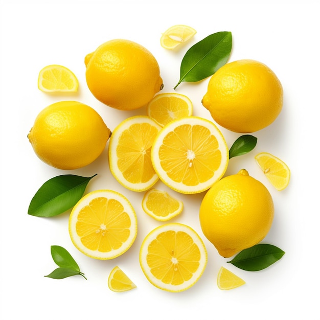 Creative fruits composition Beautiful whole sliced half lemon on transparent background