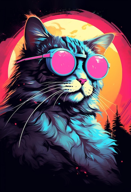 Creative futuristic 80s cyberpunk style retro cat illustration