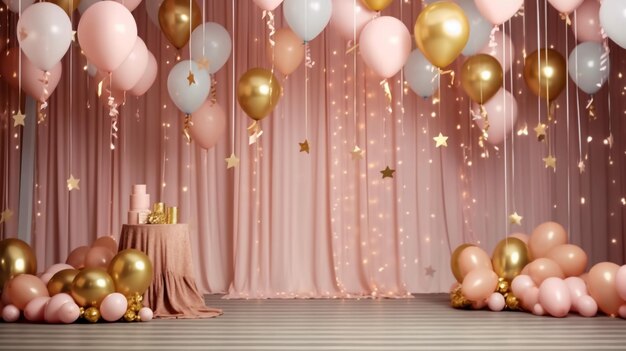 Creative gender neutral baby shower or birthday decoration in the garden Bohemian style outdoor event set up with balloons