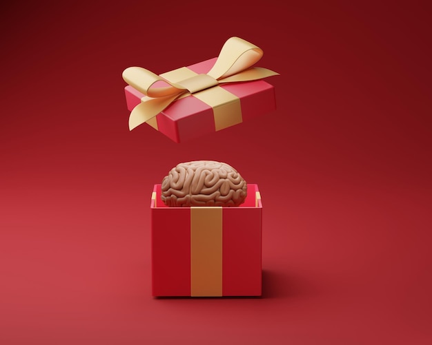 크리에이 티브 선물 개념 빨간색 배경 3D 렌더링 안에 두뇌와 선물 상자