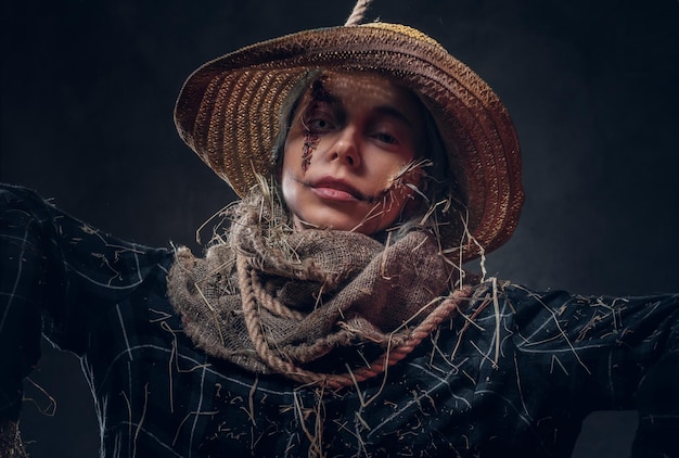 Креативная девушка в соломенной шляпе и жутком макияже позирует фотографу с веревкой на шее.