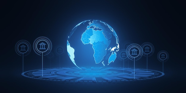 Креативная голограмма глобуса с иконами банков на синем фоне Глобальная банковская и инновационная концепция 3D-рендеринг