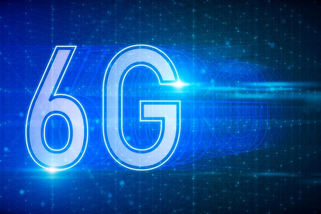 Креативная светящаяся голограмма 6G на размытом фоне Скорость Интернета будущего и концепция коммуникации 3D Rendering