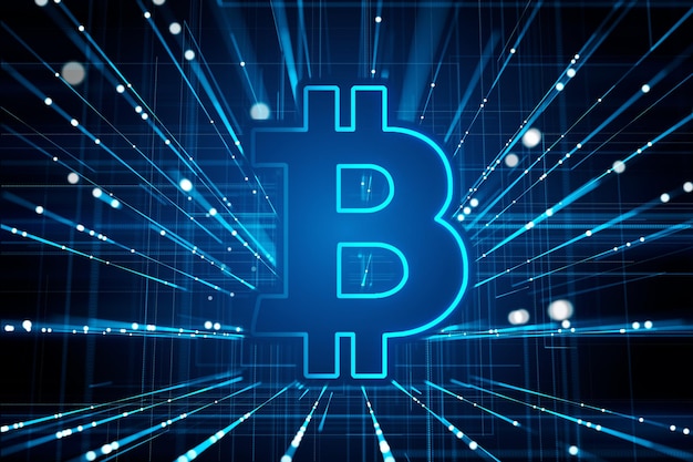 creative glowing blue bitcoin hologram on dark background with metaverse lines cryptocurrency and finance concept 3d rendering