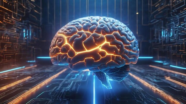 Creative glowing blue brain on circuit background ai and hardware concept 3d rendering