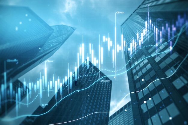 Premium Photo Creative glowing blue candlestick chart on blurry city Premium Photo Creative glowing blue candlestick chart on blurry city