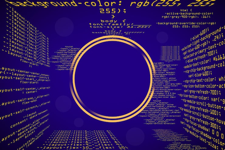 Photo creative glowing blue coding programming background with blank round mock up frame big data and code concept 3d rendering