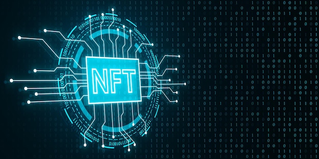 어두운 배경에 크리에이티브 반이는 파란색 NFT 회로 홀로그램 모형 장소 비 교환 가능한 토큰 및 암호화폐 개념 3D 렌더링