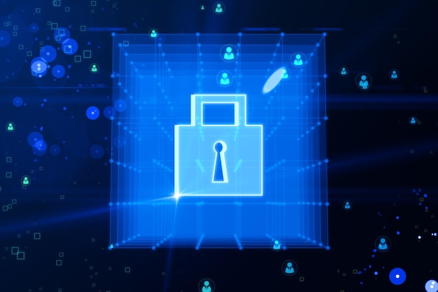 Creative glowing blue padlock grid hologram on blurry bokeh backdrop Secure safety and web protection concept 3D Rendering