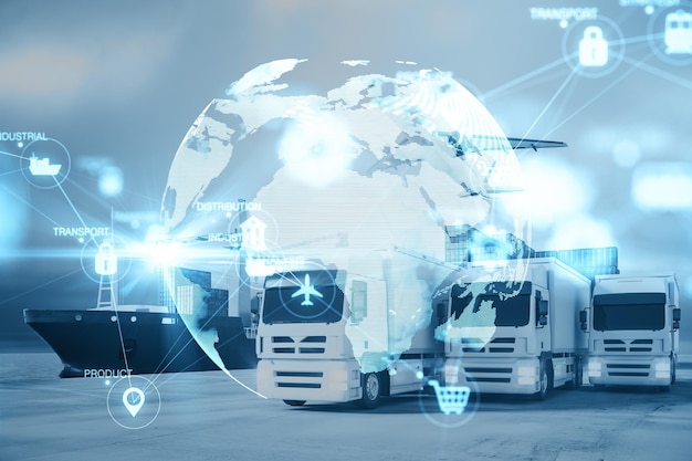 Photo creative glowing blurry global delivery scheme hologram on transport dock background logistics and network concept double exposure