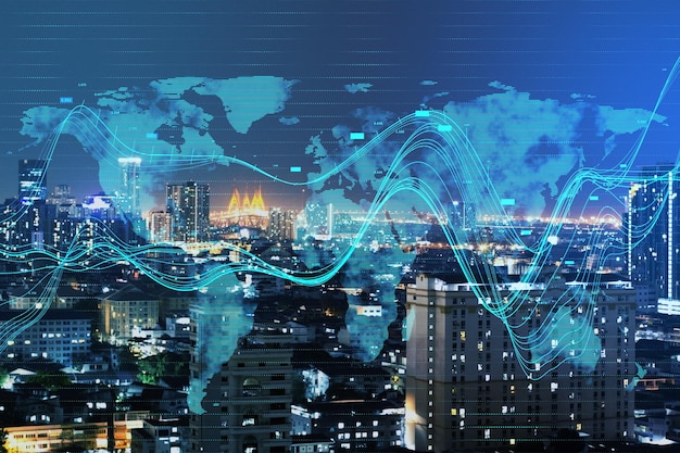 Creative glowing business chart and map hologram on blurry night city background Business data and market concept Double exposure