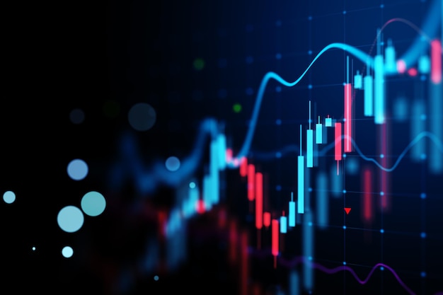 Creative glowing candlestick forex chart on dark backdrop Finance growth and trade concept 3D Rendering