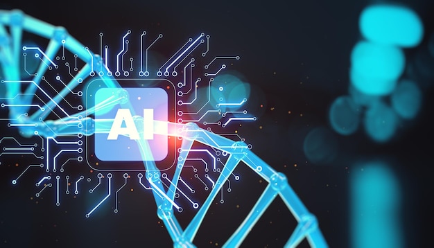 creative glowing circuit ai hologram with dna on blurry background ai and science concept double exposure