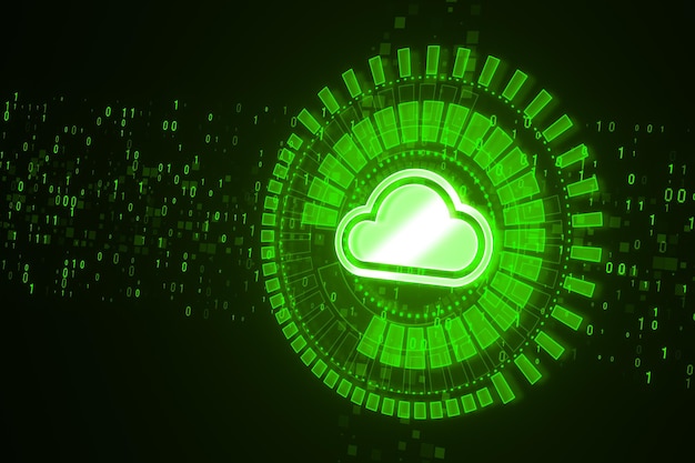 creative glowing cloud computing hologram with binary coding on dark green background digital server support and network concept 3d rendering