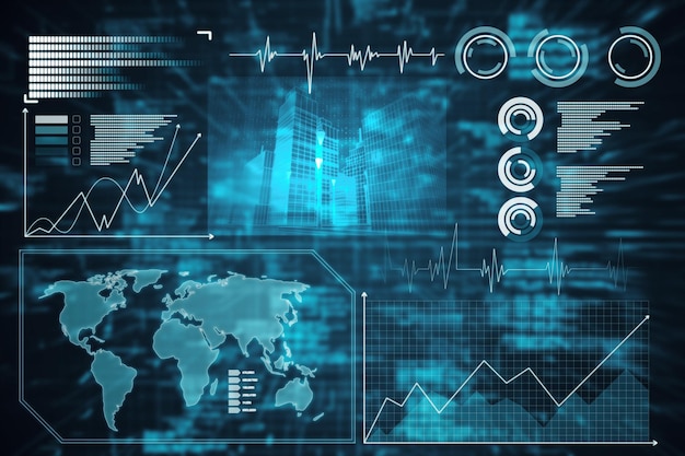 Креативный светящийся цифровой бизнес-интерфейс на размытом синем фоне Финансовые инновации, торговля и концепция роста 3D рендеринг
